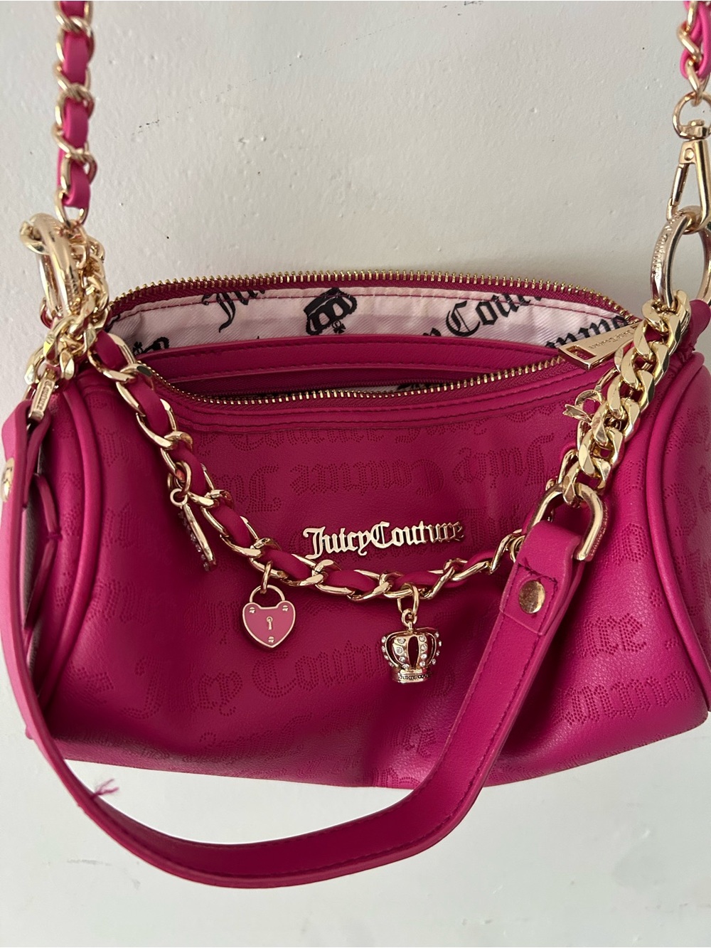 Juicy Couture Hot Pink Chain Charm Crossbody added long chain strap and wallet